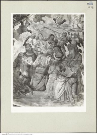 Vorderseite von Getty Research Institute [https://www.deutsche-digitale-bibliothek.de/content/lizenzen/rv-ez/] Marienkrönung, Darstellungen des Erzengels Michael und HeiligeMarienkrönung, Evangelisten und Kirchenväter - Rechte Hälfte der Apsiskalotte, Detail: musizierende Engel und Heilige, bh233395_recto. Foto: Hutzel, Max.