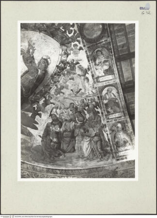 Vorderseite von Getty Research Institute [https://www.deutsche-digitale-bibliothek.de/content/lizenzen/rv-ez/] Marienkrönung, Darstellungen des Erzengels Michael und HeiligeMarienkrönung, Evangelisten und Kirchenväter - Rechte Hälfte der Apsiskalotte: Evangelist Matthäus, Kirchenväter Hieronymus und Ambrosius sowie Christus und musizierende Engel der Marienkrönung, bh233396_recto. Foto: Hutzel, Max.