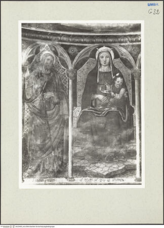 Vorderseite von Getty Research Institute [https://www.deutsche-digitale-bibliothek.de/content/lizenzen/rv-ez/] Segnender Gottvater mit thronender Madonna und den heiligen Macarius, Jakobus Major, Philippus und Bordonio (?) - Detail: Jakobus und thronende Madonna, bh233406_recto. Foto: Hutzel, Max.