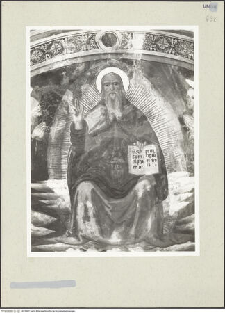 Vorderseite von Getty Research Institute [https://www.deutsche-digitale-bibliothek.de/content/lizenzen/rv-ez/] Segnender Gottvater mit thronender Madonna und den heiligen Macarius, Jakobus Major, Philippus und Bordonio (?) - Kalotte: Gottvater, bh233407_recto. Foto: Hutzel, Max.