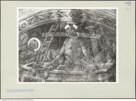 Vorderseite von Getty Research Institute [https://www.deutsche-digitale-bibliothek.de/content/lizenzen/rv-ez/] Schmerzensmann mit den heiligen Blasius, Leonhard, Augustinus, Bernhard von Siena, Antonius Abbas und Sebastian - Kalotte: Schmerzensmann, bh233408_recto. Foto: Hutzel, Max.