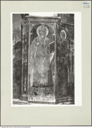 Vorderseite von Getty Research Institute [https://www.deutsche-digitale-bibliothek.de/content/lizenzen/rv-ez/] Schmerzensmann mit den heiligen Blasius, Leonhard, Augustinus, Bernhard von Siena, Antonius Abbas und Sebastian - Detail: heiliger Blasius, bh233410_recto. Foto: Hutzel, Max.