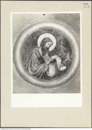 Vorderseite von Getty Research Institute [https://www.deutsche-digitale-bibliothek.de/content/lizenzen/rv-ez/] Fragmente einer Ausmalung mit biblischen Szenen, Evangelisten und HeiligenMadonna und Evangelisten in Clipei - Detail: Evangelist Markus, bh234894_recto. Foto: Hutzel, Max.