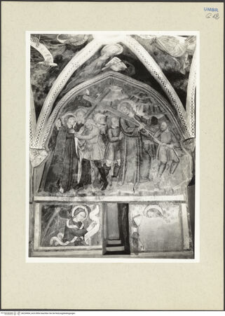 Vorderseite von Getty Research Institute [https://www.deutsche-digitale-bibliothek.de/content/lizenzen/rv-ez/] Szenen aus dem Neuen Testament sowie Heilige und Evangelisten - Altarwand: Kreuztragung (oben) und Maria und der Engel als Halbfiguren (unten), bh234904_recto. Foto: Hutzel, Max.