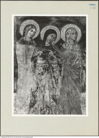 Vorderseite von Getty Research Institute [https://www.deutsche-digitale-bibliothek.de/content/lizenzen/rv-ez/] Kreuzigung Christi; Verkündigung; thronende Madonna - Kreuzigung, Detail: drei Marien, bh235194_recto. Foto: Hutzel, Max.