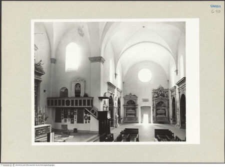 Vorderseite von Getty Research Institute [https://www.deutsche-digitale-bibliothek.de/content/lizenzen/rv-ez/] Madonna delle Lacrime - Inneres, Blick aus dem Chor durch die Vierung in das Querhaus (Südarm) und in das Langhaus nach Westen, bh235224_recto. Foto: Hutzel, Max.