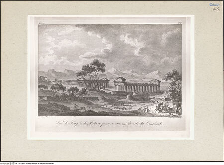 Vorderseite von Bibliotheca Hertziana [https://www.deutsche-digitale-bibliothek.de/content/lizenzen/rv-fz/] Voyage pittoresque ou description des royaumes de Naples et de Sicile. 4 Bde.3. BandTafel 82 (auf S. 152 folgend): Ansicht der Tempel von Paestum - Detail der Tafel, bh235808_recto. Foto.