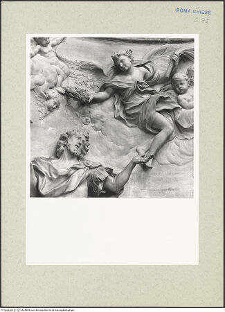 Vorderseite von Hutzel, Max [https://www.deutsche-digitale-bibliothek.de/content/lizenzen/rv-ez/] Der heilige Eustachius und seine Familie werden den Löwen vorgeworfen, ein Löwe verneigt sich vor dem Heiligen - Detail, rechts oben: Engel mit Kranz, bh238884_recto. Foto: Hutzel, Max.