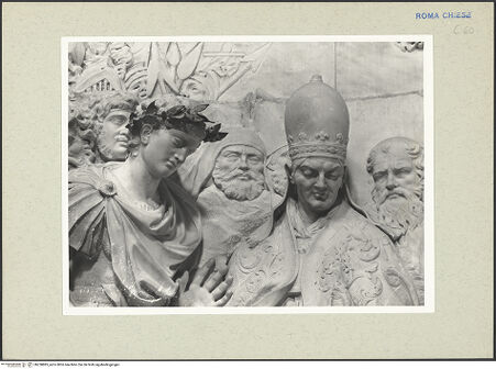 Vorderseite von Hutzel, Max [https://www.deutsche-digitale-bibliothek.de/content/lizenzen/rv-ez/] Tod des heiligen Alexius, Papst Sixtus III. mit Euphemianus darstellend - Detail: Papst Sixtus III. im Beisein des Kaisers, bh238885_recto. Foto: Hutzel, Max.