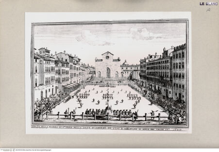 Vorderseite von Alinari? [http://creativecommons.org/publicdomain/mark/1.0/] Calcio Storico auf der Piazza Santa Croce (aus: Memorie del Calcio Fiorentino...(?)) - , bh239255. Foto.