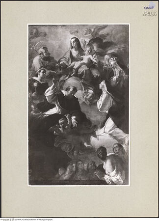 Vorderseite von Sopr. BAS NA [https://www.deutsche-digitale-bibliothek.de/content/lizenzen/rv-ez/] Rosenkranzmadonna mit Joseph und den heiligen Thomas von Aquin, Dominikus, Katharina von Alexandria(?), Katherina von Siena und Rosa von Lima - Gesamtansicht, bh240609_recto. Foto.