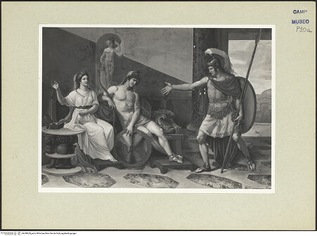 Vorderseite von Sopr. BAS NA [https://www.deutsche-digitale-bibliothek.de/content/lizenzen/rv-ez/] Hector tadelt Paris im Beisein Helenas - Gesamtansicht, bh240659_recto. Foto.