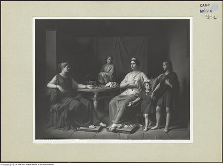 Vorderseite von Sopr. BAS NA [https://www.deutsche-digitale-bibliothek.de/content/lizenzen/rv-ez/] Cornelia übergibt ihre beiden Söhne, Tiberius und Gaius Gracchus, einer römischen Frau, die ihre Juwelen zur Schau stellt - Gesamtansicht, bh240667_recto. Foto.