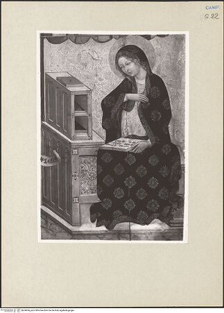 Vorderseite von Sopr. BAS NA [https://www.deutsche-digitale-bibliothek.de/content/lizenzen/rv-ez/] Verkündigung - Maria (nach der Restaurierung?), bh240696_recto. Foto.