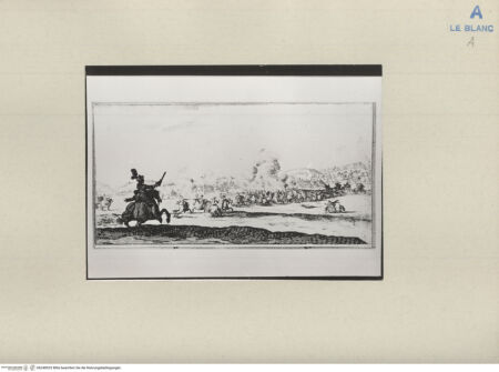 Vorderseite von  [http://creativecommons.org/publicdomain/mark/1.0/] Reiterschlacht mit sich aufbäumendem Pferd vorne links (aus einer Serie von 4 Blatt) - , bh240923. Foto.