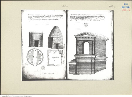 Vorderseite von Kunsthistorisches Institut der Universität Wien [https://www.deutsche-digitale-bibliothek.de/content/lizenzen/rv-ez/] Ms. Canon. Ital. 138: Pirro Ligorio, Libri delle AntichitàTextseiten und Grabbauten an der Via Labicana und Via Tiburtina - 142 v & 143 r, bh242187_recto. Foto.