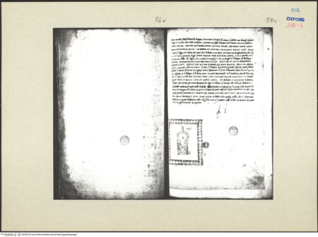 Vorderseite von Kunsthistorisches Institut der Universität Wien [https://www.deutsche-digitale-bibliothek.de/content/lizenzen/rv-ez/] Ms. Canon. Ital. 138: Pirro Ligorio, Libri delle AntichitàLeerseite und Textseite mit Grundriss des Romulus-Grabs - 56 v & 57 r, bh242274_recto. Foto.