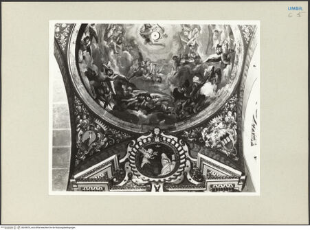 Vorderseite von Getty Research Institute [https://www.deutsche-digitale-bibliothek.de/content/lizenzen/rv-ez/] Die Vertreibung der aufrührerischen Engel und Pendentifbilder mit Wappen - Teilansicht, bh243076_recto. Foto: Hutzel, Max.