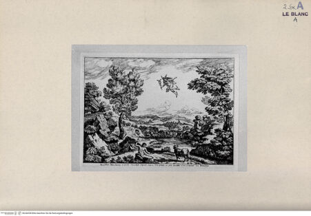 Vorderseite von Bibliotheca Hertziana [http://creativecommons.org/publicdomain/mark/1.0/] Merkur (aus der Serie von 12 Blatt aus "Varij prospectus sylvestres in oppido sancti viti et in oedibus D. Marchionis curoli Theodoli a Crescentio de Honyphrijs coloribus expressi ac etiam aere incisi 1596") - , bh244338. Foto.