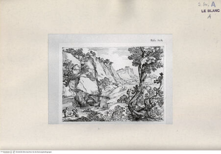 Vorderseite von  [http://creativecommons.org/publicdomain/mark/1.0/] Gebirgslandschaft mit Fluss und zwei Figurenpaaren - , bh244346. Foto.