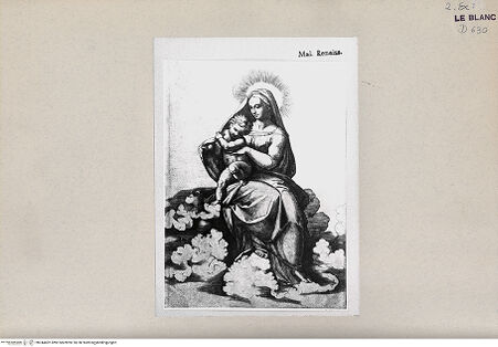 Vorderseite von  [http://creativecommons.org/publicdomain/mark/1.0/] Madonna mit dem Kind auf Wolken - , bh244402. Foto.