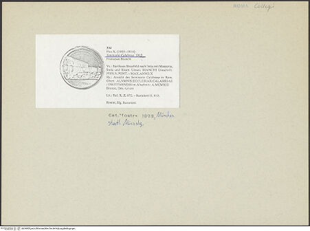 Vorderseite von Bibliotheca Hertziana [https://www.deutsche-digitale-bibliothek.de/content/lizenzen/rv-fz/] Medaille von Pius X. anlässlich der Gründung des Seminario Calabrese - , bh244905_recto. Foto.