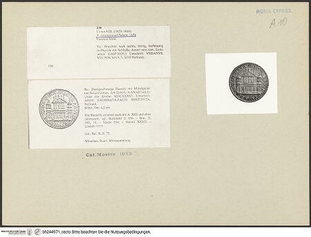 Vorderseite von Staatliche Münzsammlung? [https://www.deutsche-digitale-bibliothek.de/content/lizenzen/rv-ez/] Medaille anlässlich der Rekonstruktion der Fassade von Sant'Anastasia al Palatino durch Papst Urban VIII. - Rückseite: Fassade von Sant'Anastasia, bh244971_recto. Foto.