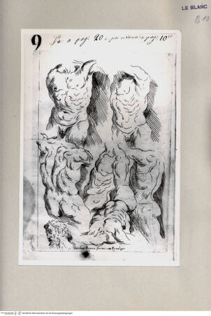 Vorderseite von Bibliotheca Hertziana [http://creativecommons.org/publicdomain/mark/1.0/] G.Franco(ed.), "De excellentia et nobilitate delineationis", Venezia 1611)Blatt 9: Studien: männliche Körper, unten ein Kopf eines alten Mannes - , bh248242. Foto.