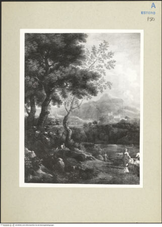 Vorderseite von Amministrazione Colonna [https://www.deutsche-digitale-bibliothek.de/content/lizenzen/rv-ez/] Landschaft mit römischer Villa an einem Fluss - Ausschnitt, linke Bildhälfte, bh248506_recto. Foto.