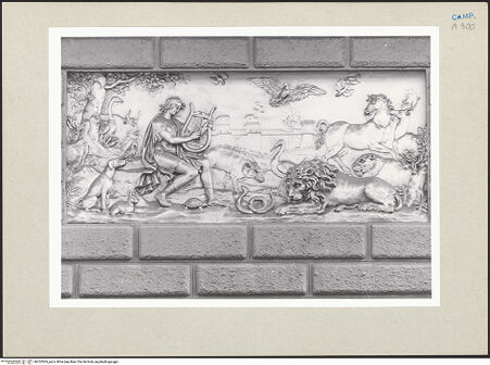 Vorderseite von Courtauld Institute of Art [https://www.deutsche-digitale-bibliothek.de/content/lizenzen/rv-ez/] Orpheus spielt auf der Leier: Bäume und Felsen bewegen sich, die Tiere sind verzaubert - Gesamtansicht, bh252565_recto. Foto.