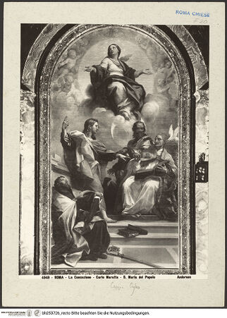 Vorderseite von Alinari [https://www.deutsche-digitale-bibliothek.de/content/lizenzen/rv-ez/] Immaculata umgeben von den heiligen Johannes dem Evangelisten, Gregor, Johannes Chrysostomus und Augustinus - , bh253726_recto. Foto.