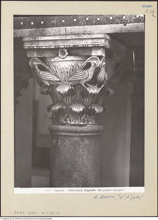 Vorderseite von Vatikan, Monumenti, Musei e Gallerie Pontificie [https://www.deutsche-digitale-bibliothek.de/content/lizenzen/rv-ez/] Rechte KanzelKapitell mit Vögel - Gesamtansicht, bh254390_recto. Foto.