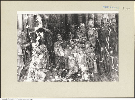 Vorderseite von Sopr. Mon. Laz. [https://www.deutsche-digitale-bibliothek.de/content/lizenzen/rv-ez/] Szenen aus dem Leben von Papst Paul III.Papst Julius III. zeichnet einen Soldaten als Kreuzritter aus, Allegorien von Religion und Kirche - Detail der zentralen Szene der Ostwand, bh254688_recto. Foto: Keaveney.