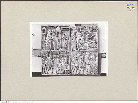 Vorderseite von Kunstgeschichtliches Institut Mainz [https://www.deutsche-digitale-bibliothek.de/content/lizenzen/rv-ez/] Szenen aus dem Neuen und Alten TestamentMaria wird des Ehebruchs verdächtigt; Josephs Traum; die Anbetung durch die Heiligen Drei Könige - Gesamtansicht (und Heimsuchung/die Drei Könige bei Herodes), bh258198_recto. Foto.