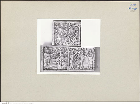 Vorderseite von Kunstgeschichtliches Institut Mainz [https://www.deutsche-digitale-bibliothek.de/content/lizenzen/rv-ez/] Szenen aus dem Neuen und Alten TestamentErschaffung Evas; Versuchung und Sündenfall - Gesamtansicht (und Erschaffung der Pflanzen), bh258199_recto. Foto.