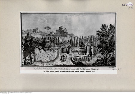 Vorderseite von Alinari [http://creativecommons.org/publicdomain/mark/1.0/] G. Zocchi, Vedute delle ville ..., Firenze 1757"Veduta dell'ingresso alla Villa di Gamberaia del S.r Marchese Capponi" - , bh258466. Foto.