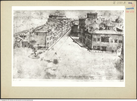 Vorderseite von Sopr. Gall. Firenze [https://www.deutsche-digitale-bibliothek.de/content/lizenzen/rv-ez/] Ansicht des Borgo mit Castel Sant'Angelo - Gesamtansicht, bh259436_recto. Foto.