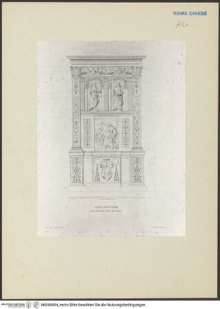 Vorderseite von unbekannt [https://www.deutsche-digitale-bibliothek.de/content/lizenzen/rv-fz/] Raccolta di monumenti sacri e sepolcrali sculpiti in Roma nei secoli XV. e XVI. / misurati e disegnati dallo Arch. Francesco M. Tosi e a contorno intagliati in rame da Alessandro BecchioVa parteTaf. 128: Fonte Battesimale nella chiesa di Santa Maria del Popolo - , bh260494_recto. Foto.
