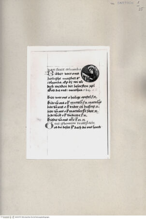 Vorderseite von  [http://creativecommons.org/publicdomain/mark/1.0/] Heilige Columba - , bh263781. Foto.