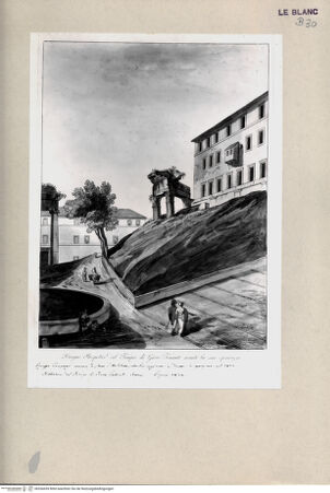 Vorderseite von GFN [http://creativecommons.org/publicdomain/mark/1.0/] Serie von vier aquarelleierten Stichen, drei davon die Restaurierung der drei Säulen des Vespasian-Tempels am Forum betreffend"Tempio di Giove tonante" (vor der Grabung) - , bh266659. Foto.