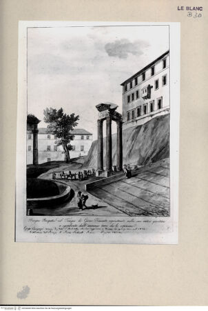 Vorderseite von GFN [http://creativecommons.org/publicdomain/mark/1.0/] Serie von vier aquarelleierten Stichen, drei davon die Restaurierung der drei Säulen des Vespasian-Tempels am Forum betreffend"Tempio di Giove tonante" (nach der Grabung) - , bh266660. Foto.