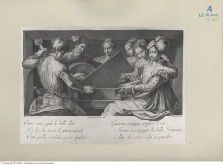 Vorderseite von Villani [http://creativecommons.org/publicdomain/mark/1.0/] Musizierende (aus G.P.C Zanotti, "Le pitture di Pellegrino Tibaldi e di Niccolo Abbati essistenti nell'Istituto di Bologna", Venezia 1756) - , bh267024. Foto.