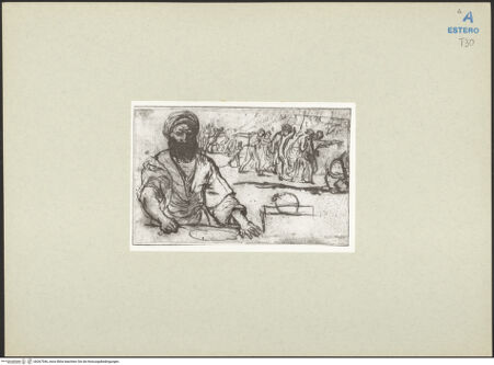 Vorderseite von Kupferstichkabinett Berlin SMB-PK [https://rightsstatements.org/page/CNE/1.0/] Halbfigur eines bärtigen Mannes am Tisch, dahinter ein Menschen- und Reiterzug - , bh267546_recto. Foto.