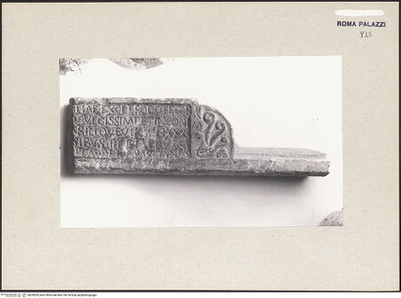 Vorderseite von Bibliotheca Hertziana [https://www.deutsche-digitale-bibliothek.de/content/lizenzen/rv-fz/] Antike Inschriften, Fragmente und ArtefakteTeil einer Inschrift mit Ornament - , bh269345_recto. Foto.