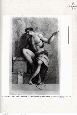 Vorderseite von Alinari [http://creativecommons.org/publicdomain/mark/1.0/] Männliche Figur nach den Fresken des Fondaco de Tedeschi (Blatt 1 von 3 Blatt nach Giorgione in "Varie pitture a fresco de' princ.maestri ven. etc. Venezia 1760" von 24 Blatt) - , bh272069. Foto.
