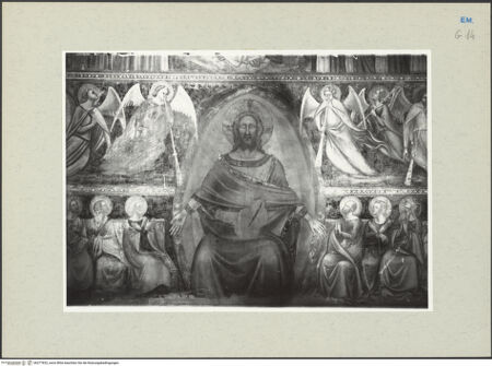 Vorderseite von Ferrara, Civici Musei [https://www.deutsche-digitale-bibliothek.de/content/lizenzen/rv-ez/] Das Lamm über dem himmlischen Jerusalem; Die Wiederkunft Christi (oder die Visio Beatifica); Arma Christi; Jüngstes Gericht - Christus (Jüngstes Gericht), bh277832_recto. Foto.