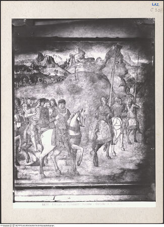 Vorderseite von Archivio Fotografico Musei Vaticani [https://www.deutsche-digitale-bibliothek.de/content/lizenzen/rv-ez/] Begegnung zwischen Gentile Virginio Orsini und Piero de' Medici - Linke Bildhälfte, Truppen des Gentil Virginio Orsini, Detail, bh277974_recto. Foto: Moscioni, Romualdo.