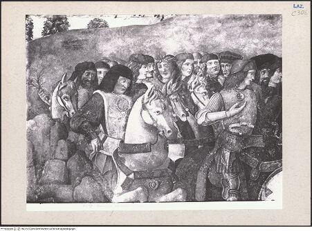 Vorderseite von Archivio Fotografico Musei Vaticani [https://www.deutsche-digitale-bibliothek.de/content/lizenzen/rv-ez/] Begegnung zwischen Gentile Virginio Orsini und Piero de' Medici - Linke Bildhälfte, Detail: Erste Gruppe des Reiterzuges, bh277975_recto. Foto: Moscioni, Romualdo.