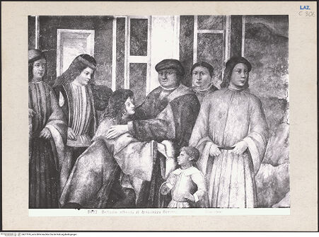 Vorderseite von Archivio Fotografico Musei Vaticani [https://www.deutsche-digitale-bibliothek.de/content/lizenzen/rv-ez/] Begegnung zwischen Gentile Virginio Orsini und Piero de' Medici - Rechte Bildhälfte, Detail: Gruppe im Vordergrund (Empfang Piero de' Medicis), bh277976_recto. Foto: Moscioni, Romualdo.