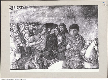 Vorderseite von Archivio Fotografico Musei Vaticani [https://www.deutsche-digitale-bibliothek.de/content/lizenzen/rv-ez/] Begegnung zwischen Gentile Virginio Orsini und Piero de' Medici - Linke Bildhälfte, Detail: Gentil Virginio Orsini mit Gefolge, bh277978_recto. Foto: Moscioni, Romualdo.